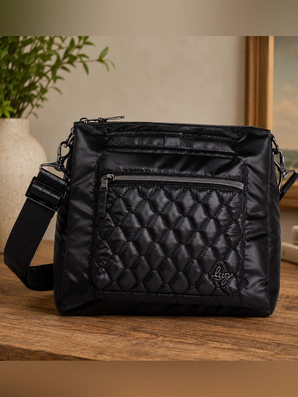 lug Black Quilted Crossbody Bag with Adjustable Strap